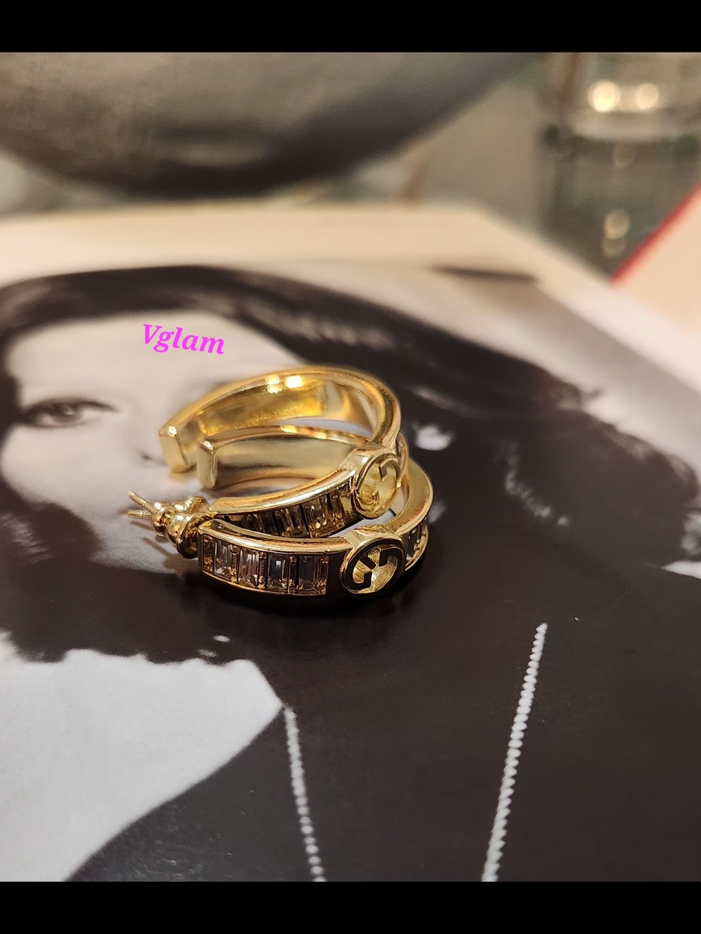 Glam Shiny Gold Hoop Earrings with Clear Baguette Stones